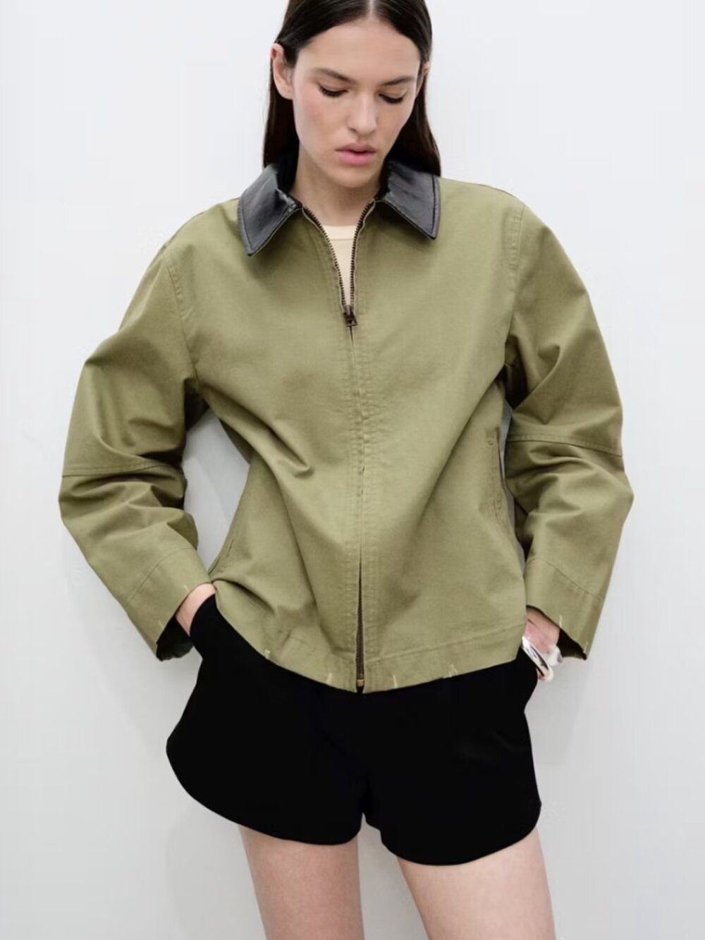Mango Cotton Twill Utility Jacket with Faux Leather Collar | Size L